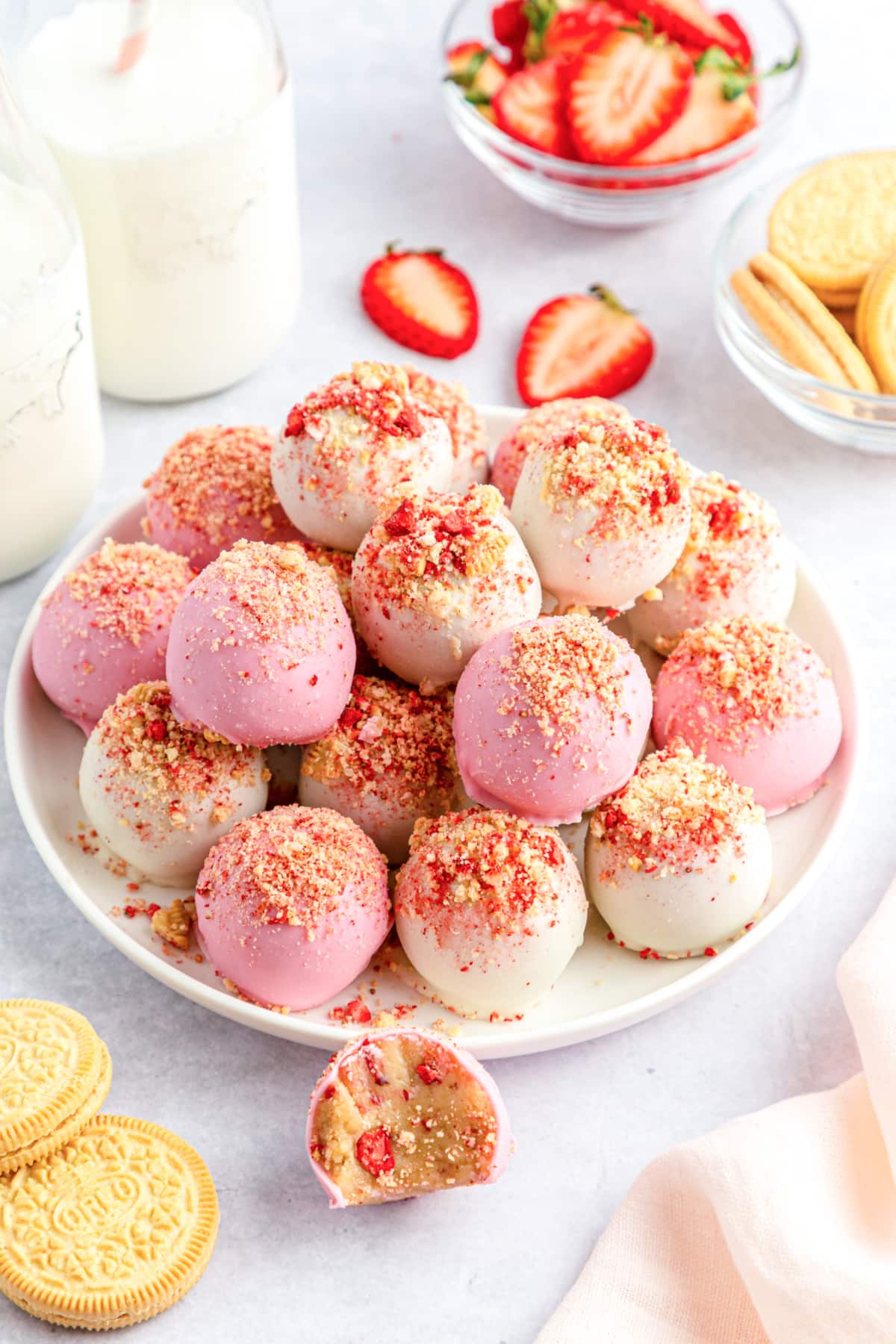 strawberry crunch cookie balls on a serving plate