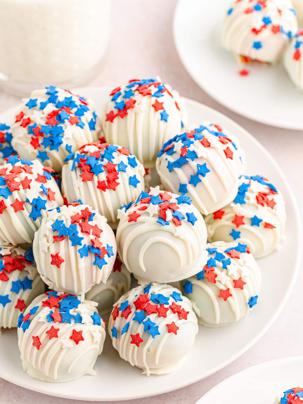 Patriotic Cake Balls on a white plate