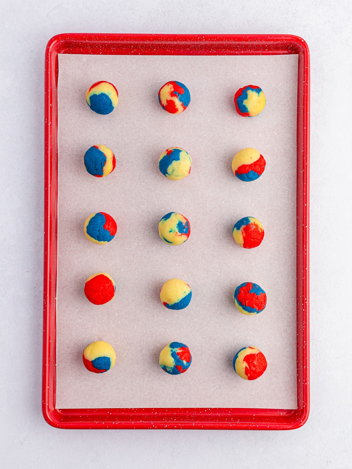 Patriotic Cake Balls on baking sheet