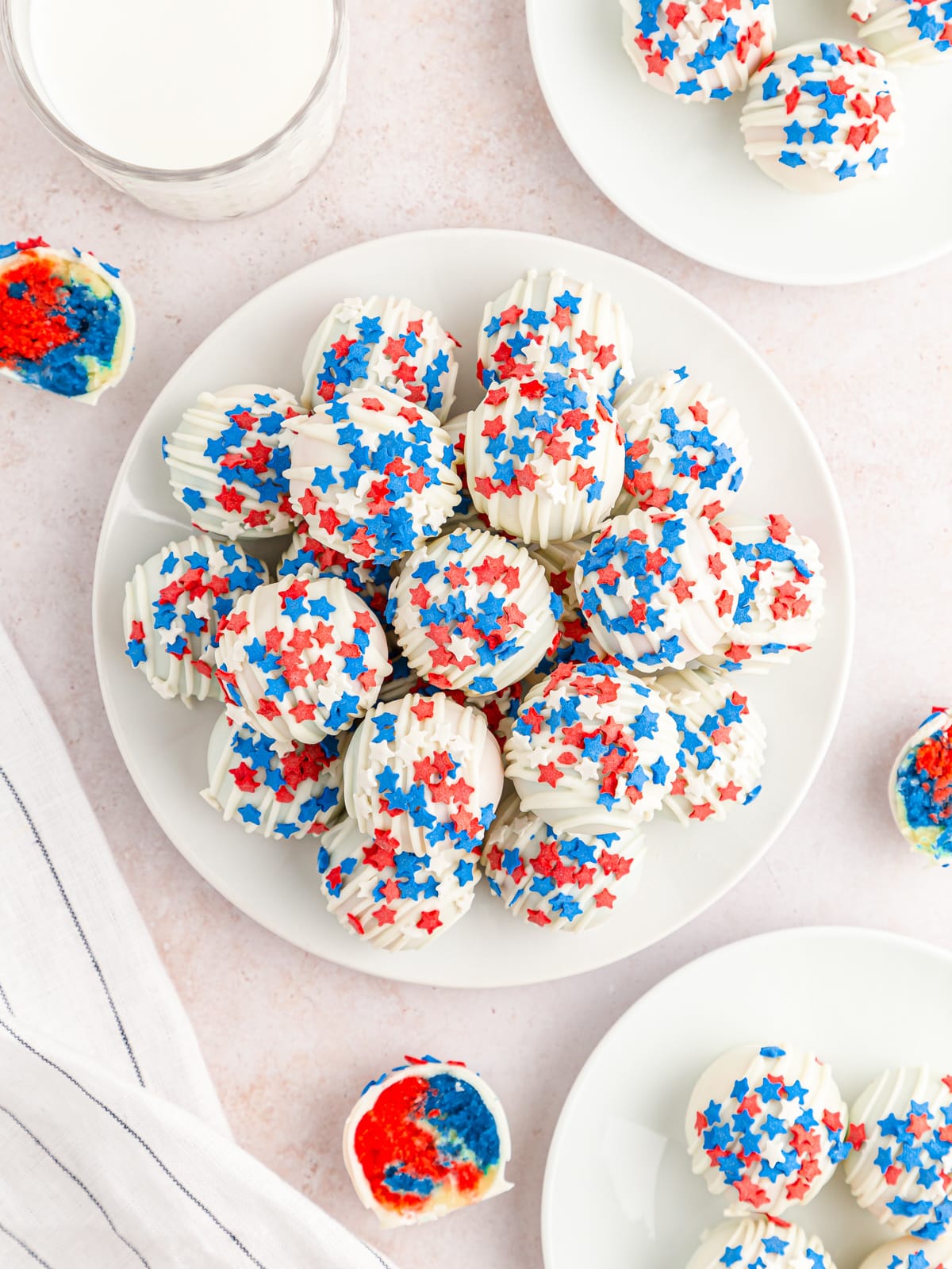 Patriotic Cake Balls stacked on a plate