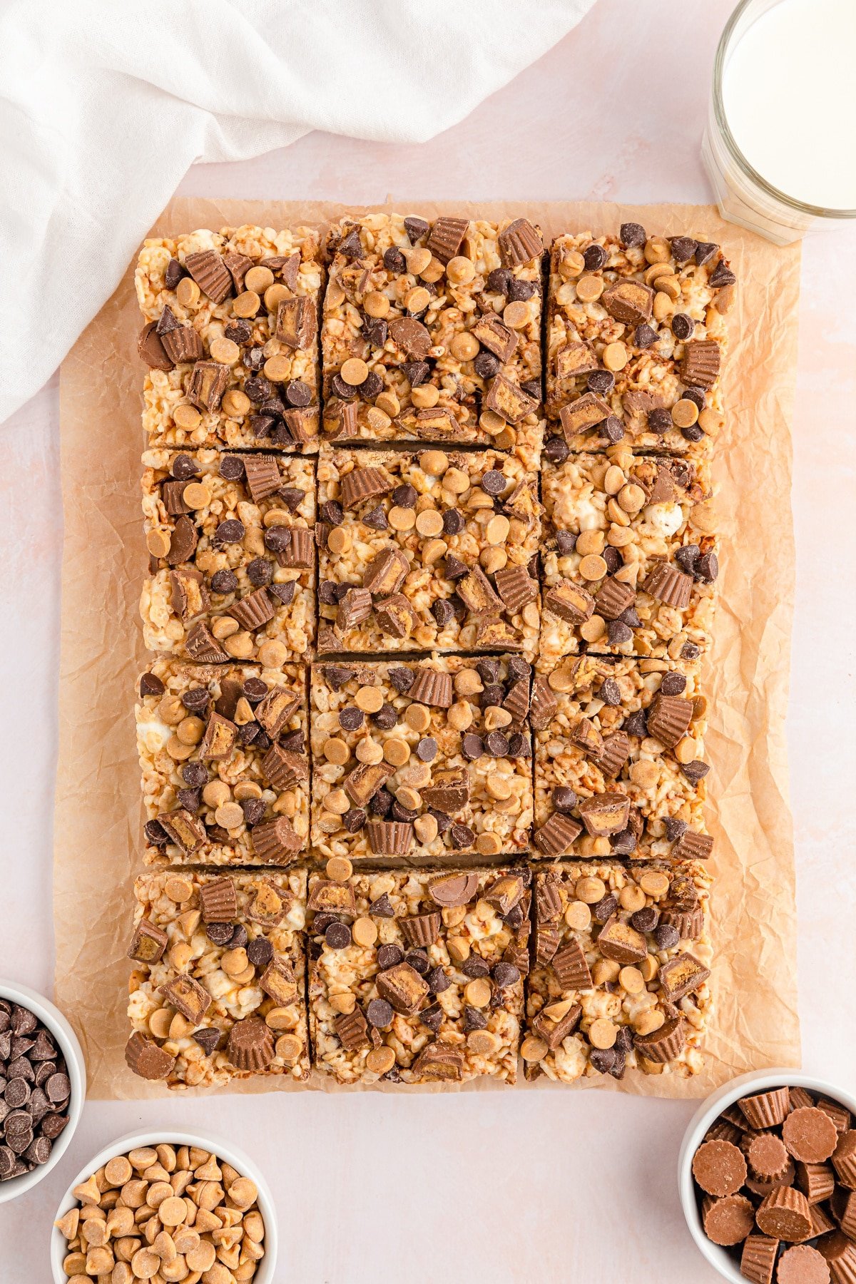 Peanut Butter Rice Krispie Treats sliced into 12 squares.