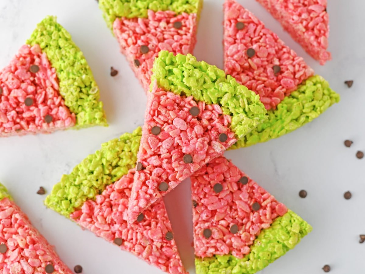 Watermelon Rice Krispie Treats sliced in triangles