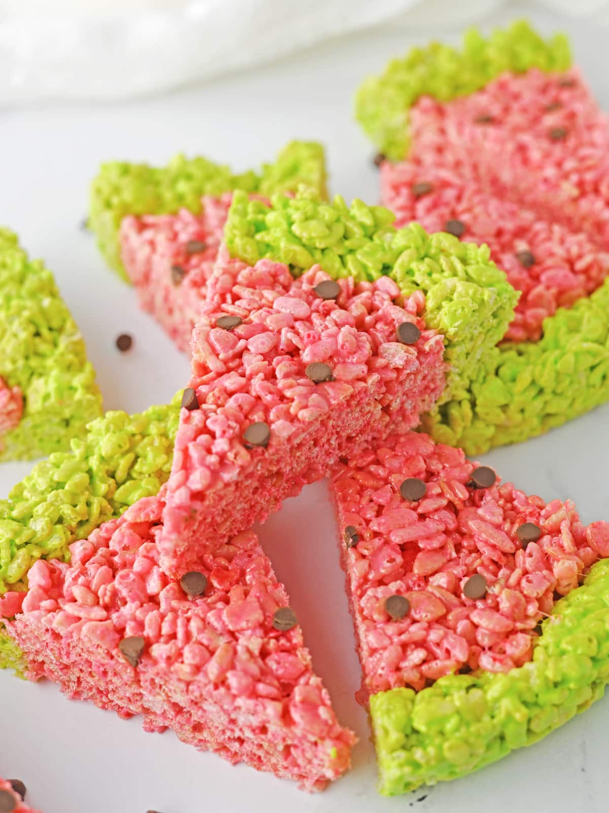 Watermelon Rice Krispie Treats with chocolate chips