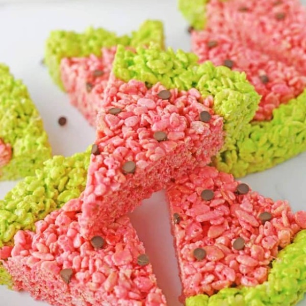 Watermelon Rice Krispie Treats with chocolate chips