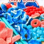 Shark-cutie candy board with blue, red, and white candies.