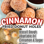 Cinnamon donut holes share image with ingredients list.