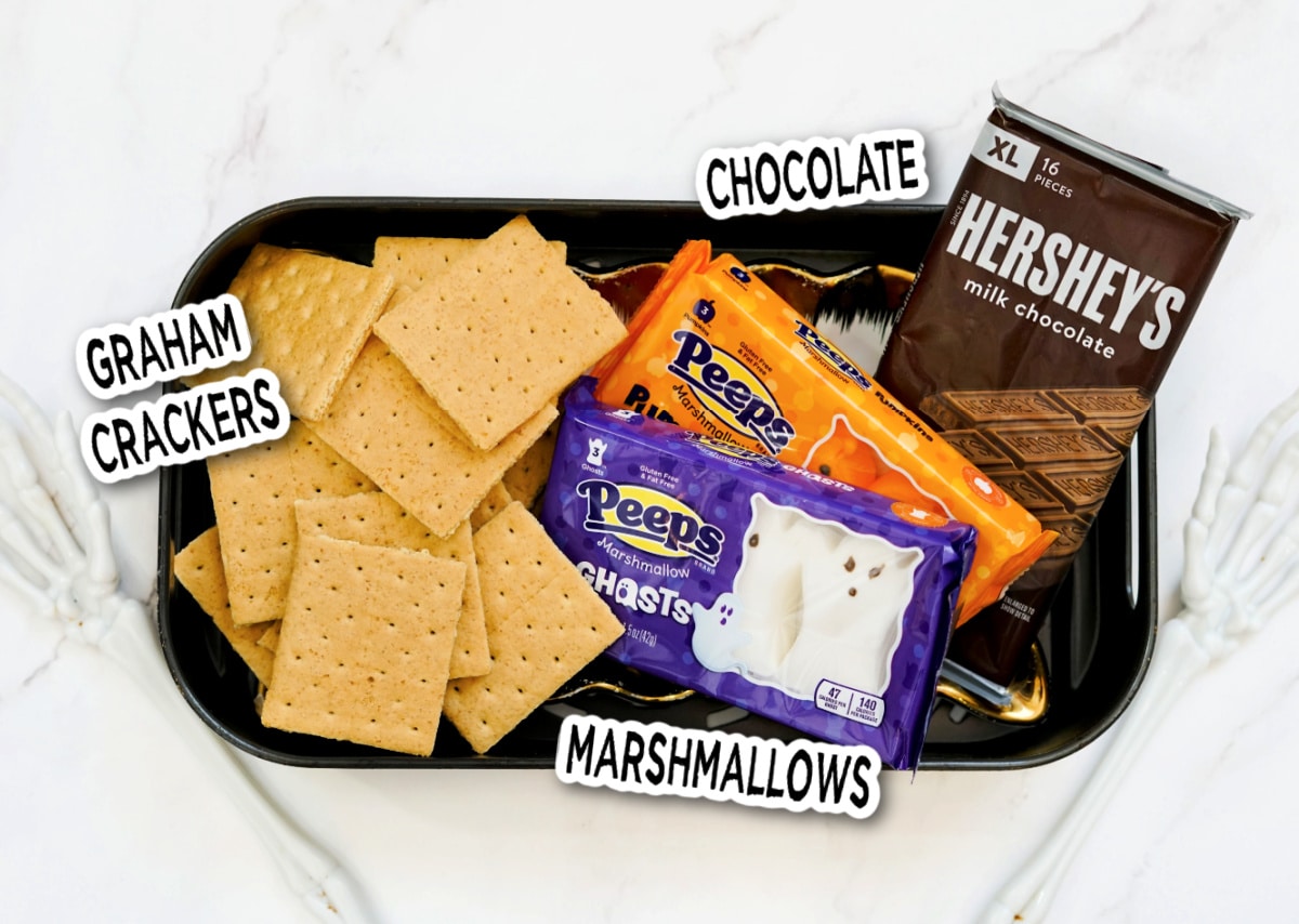 halloween smores ingredients in packaging on display in an air fryer basket