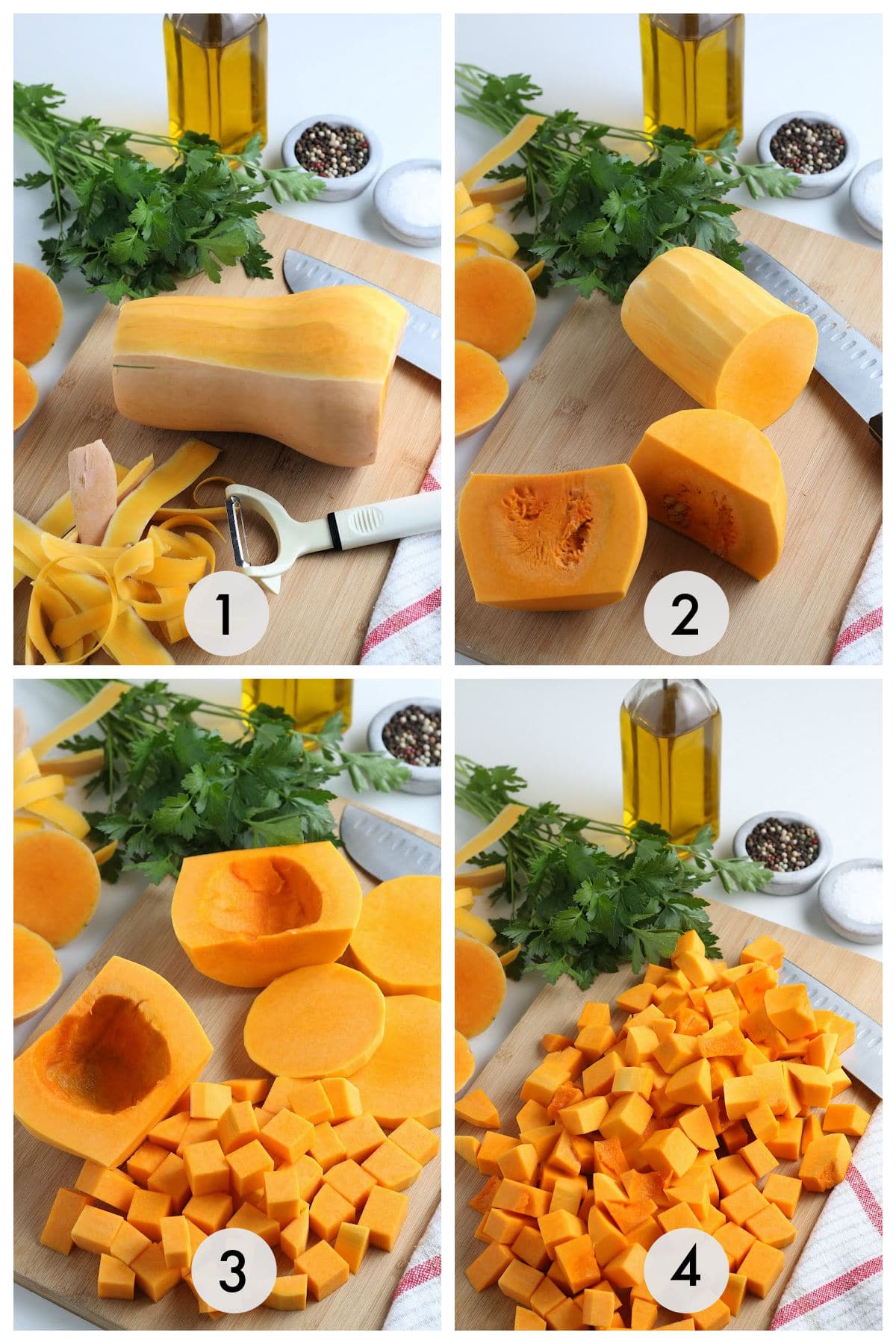 A series of photos showing how to cut and roast a butternut squash.