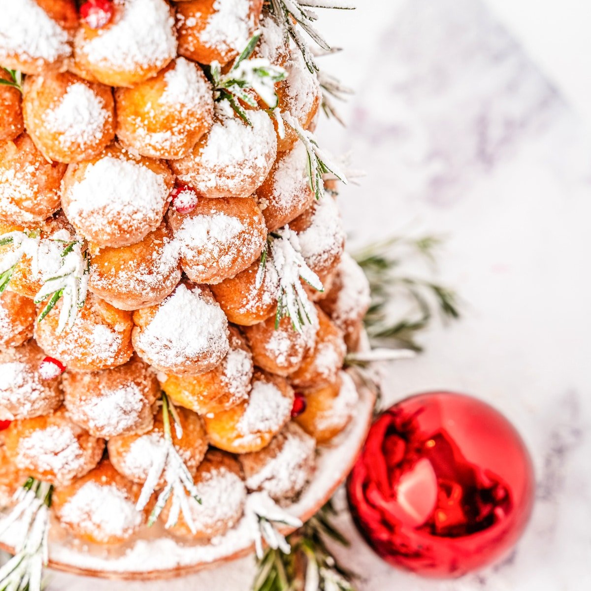 Donut Hole Christmas Tree on a cake stand.
