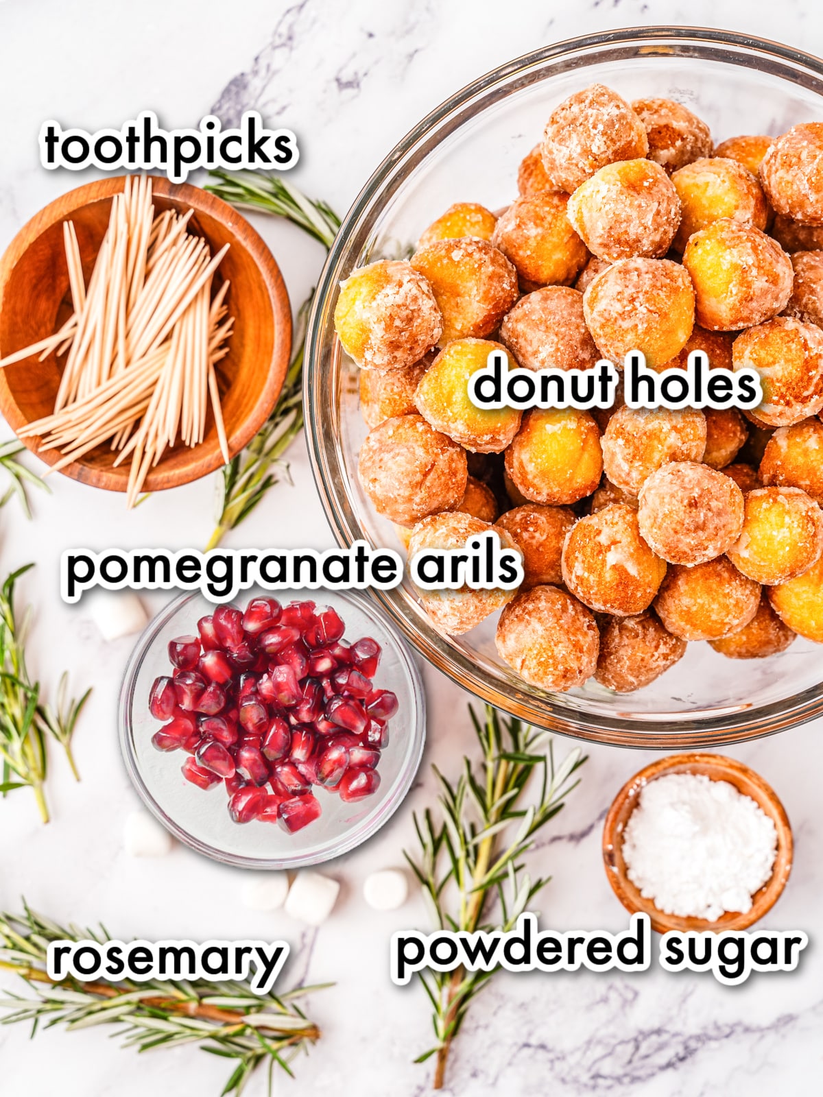 Donut hole Christmas tree ingredients in bowls.