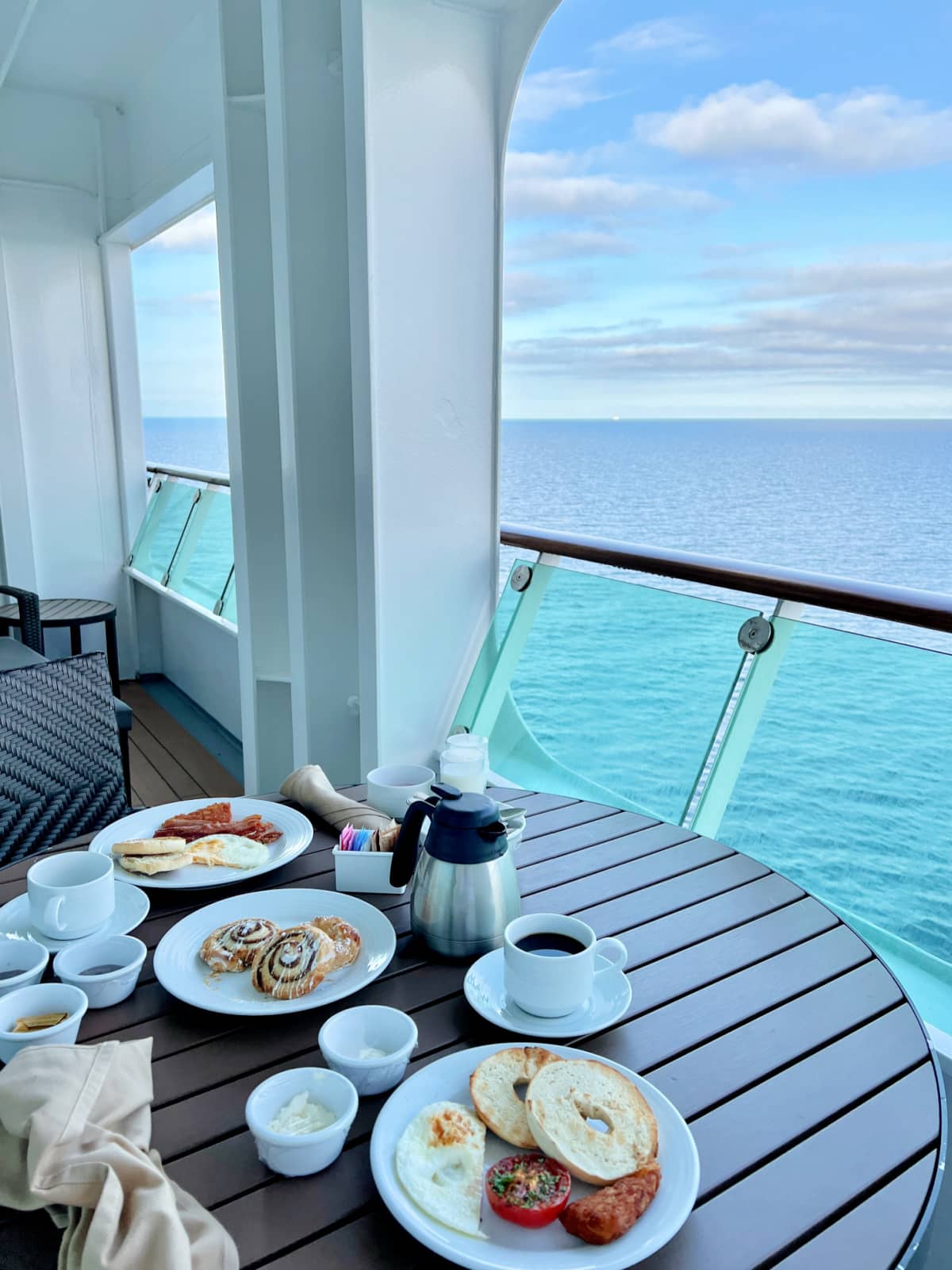 Breakfast on the balcony of a cruise ship.