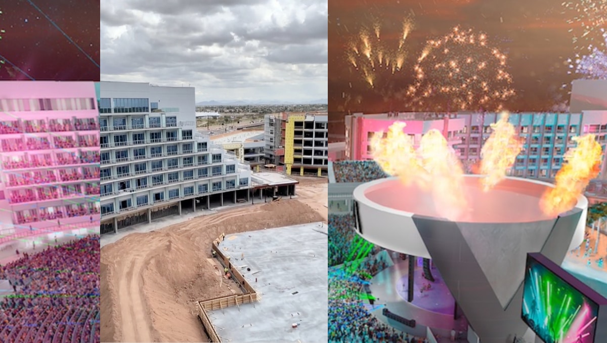 A split image contrasting a vibrant, colorful concert scene with an empty construction site.