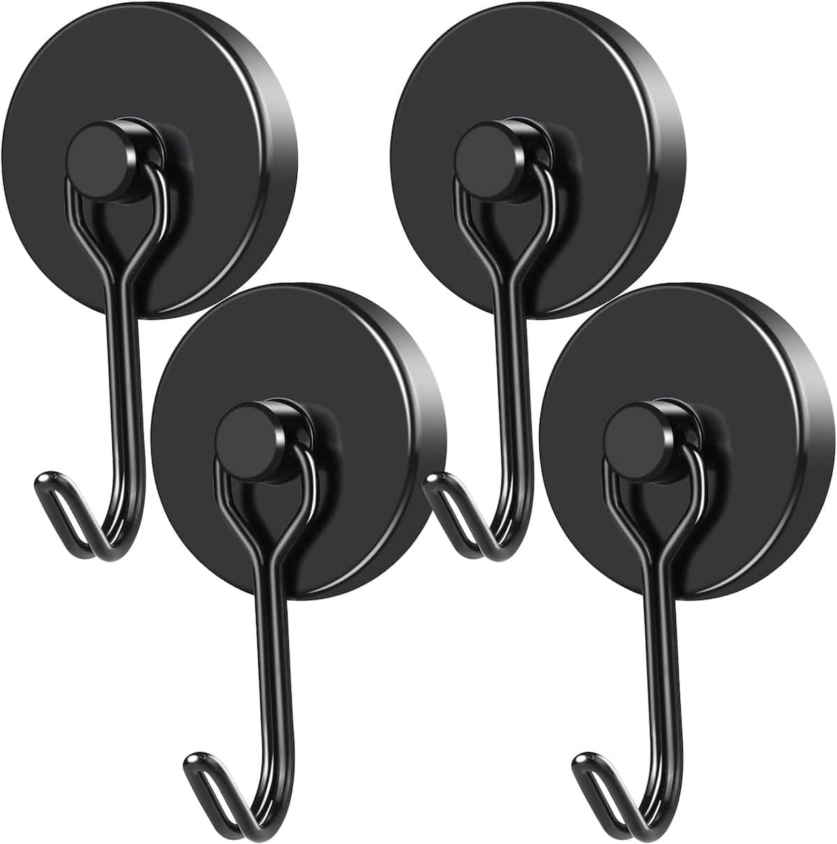 Four black, round wall hooks with a metallic finish, mounted on an invisible surface, each featuring a simple, curved hook design.