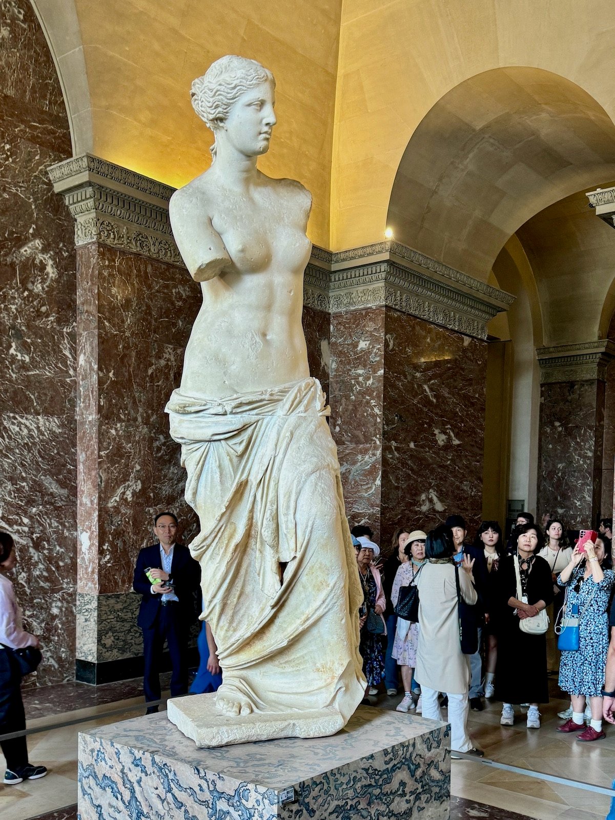 One day in Paris, a crowd observes the armless, ancient Greek statue of Venus de Milo displayed in a museum with marble walls and arched ceilings.