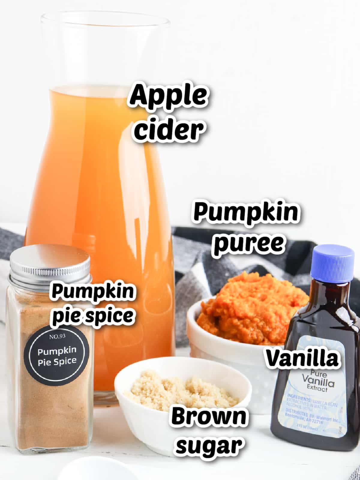 Ingredients for a recipe, including a carafe of apple cider, bowl of pumpkin puree, bottle of vanilla extract, jar of pumpkin pie spice, and bowl of brown sugar displayed on a white table.