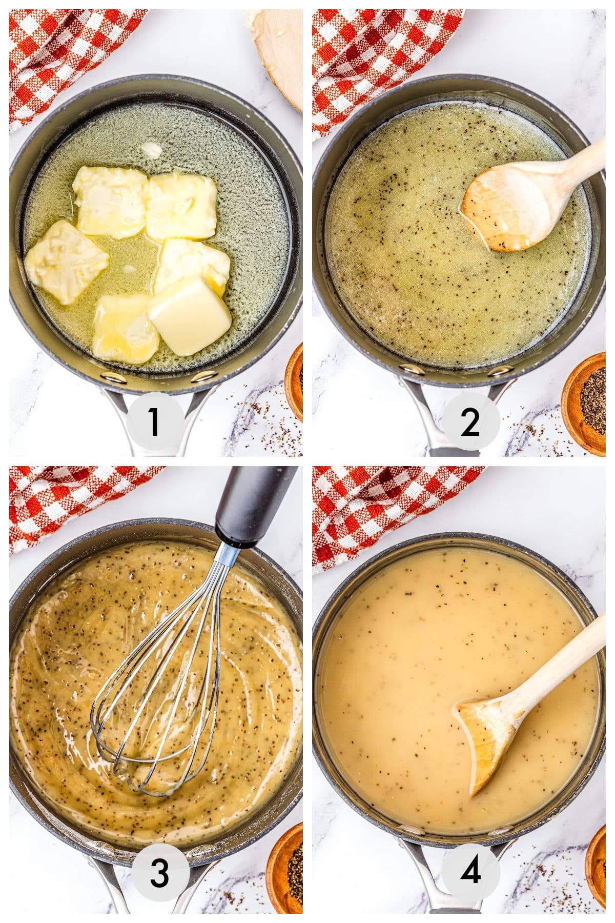 Four-step process of making a sauce in a pan: melting butter (1), stirring mixture (2), whisking with added ingredients (3), and final smooth sauce (4). A red-checked cloth and spices are nearby.