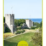 Stone towers and medieval walls of Visby, Sweden, with the Baltic Sea in the background. Text overlay reads: "Things to do in Visby" and "Click for Itinerary.