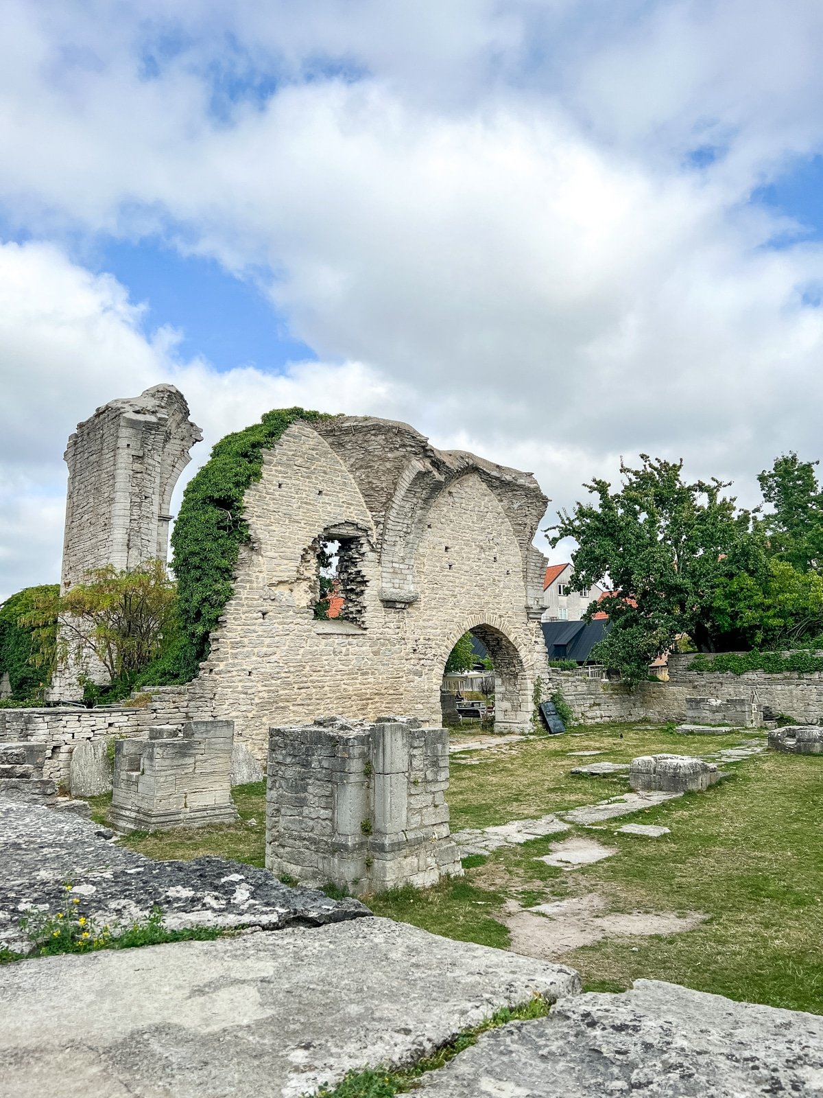 Ancient stone ruins with an arched structure, partially covered in green ivy, under a cloudy blue sky. Surrounding grass and scattered stones are visible. Trees and bushes are in the background.