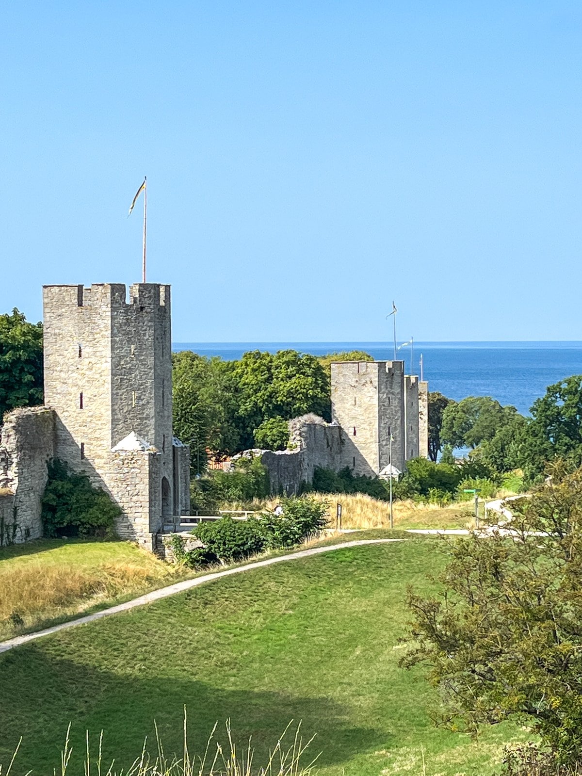 Image of a medieval stone castle with several towers, a flag on the leftmost tower, and a view of the sea in the background. The surrounding area features grass, trees, and a clear, blue sky.