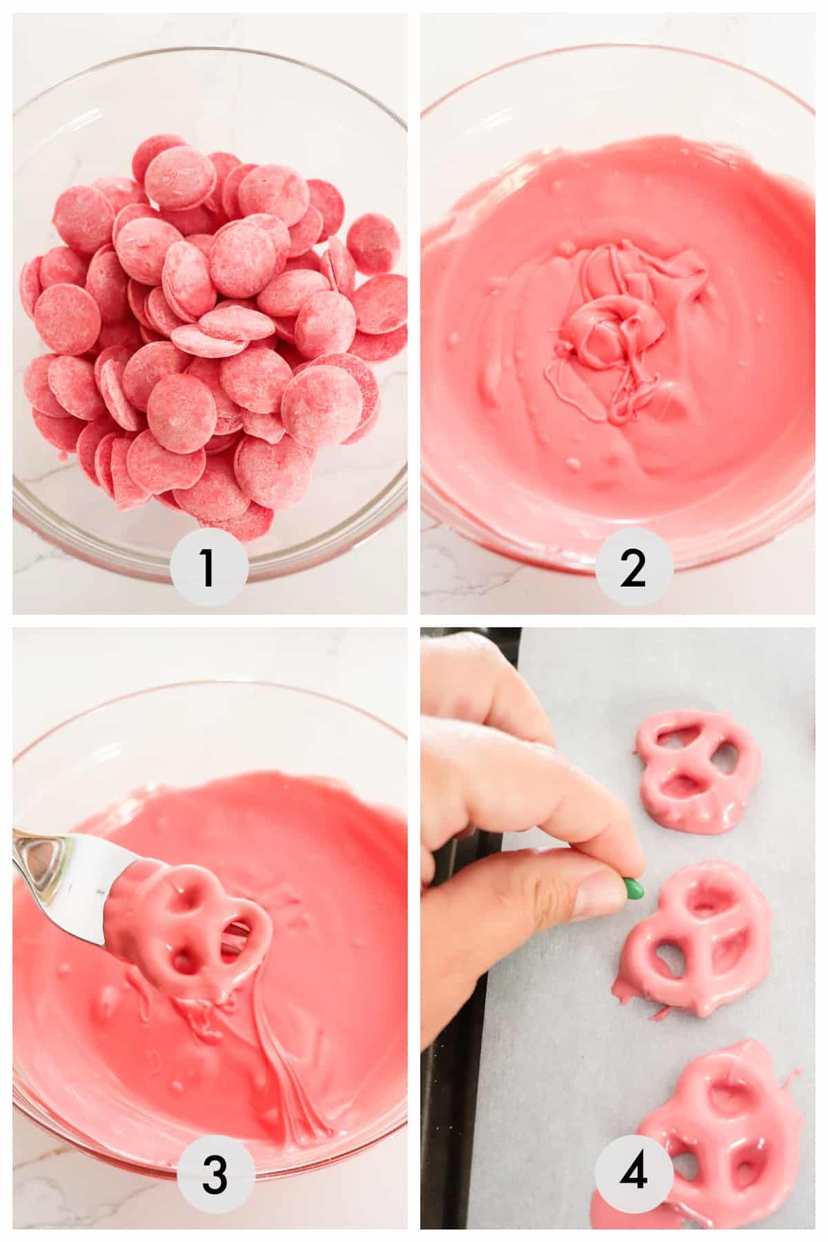 A four-step process showing pink candy melts being melted in a bowl, stirred, then used to dip pretzels, which are placed on a parchment-lined baking sheet.