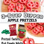 Red pretzel twists resembling apples, made with red candy melts and green M&Ms, shown with packaging and instructions for a 3-step dipped apple pretzel recipe.