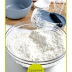 Ingredients and utensils for baking are neatly arranged on a surface, featuring a flour mix in a bowl and a whisk, hinting at simple creations. Text on the image reads "Easy Bisquick Recipes.