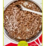 A skillet with cooked ground beef and a spoon. Text reads "Recipes Using Ground Beef" and "Click for Recipe Ideas.