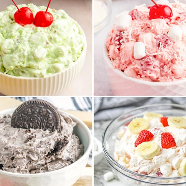 A collage of four dessert bowls: green pistachio salad, pink ambrosia salad, gray cookies and cream dip with Oreo, and a yellow fruit salad with bananas and strawberries.