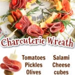 Charcuterie wreath with salami, cheese cubes, tomatoes, olives, pickles, pepperoni, and rosemary on skewers. Text overlay lists ingredients and includes a button for the recipe.