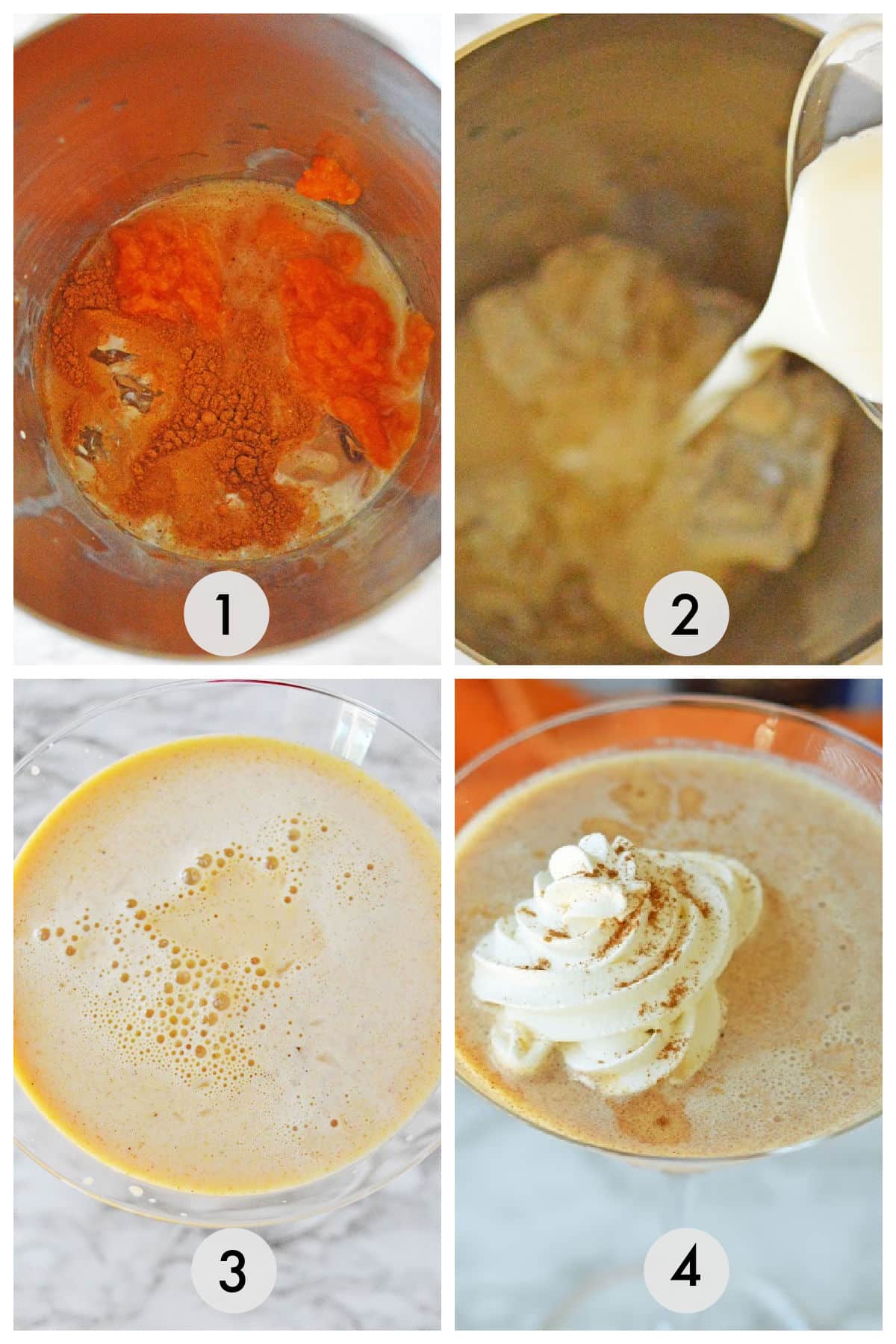 Four-step recipe sequence: mixing spices, adding cream, frothy liquid, and topped with whipped cream and spices.