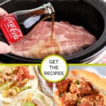 Collage showing a slow cooker with meat and cola, tacos with bell peppers, and meatballs with sauce, titled "Easy RV Meal Ideas.