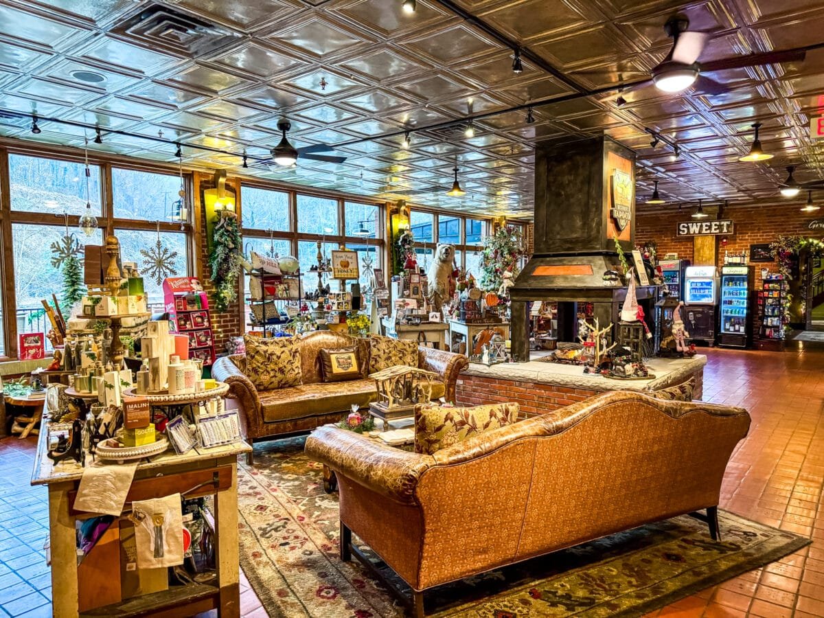 A cozy indoor shop with patterned couches, an ornate rug, a central fireplace, wooden shelves filled with various items, and large windows lining the wall.