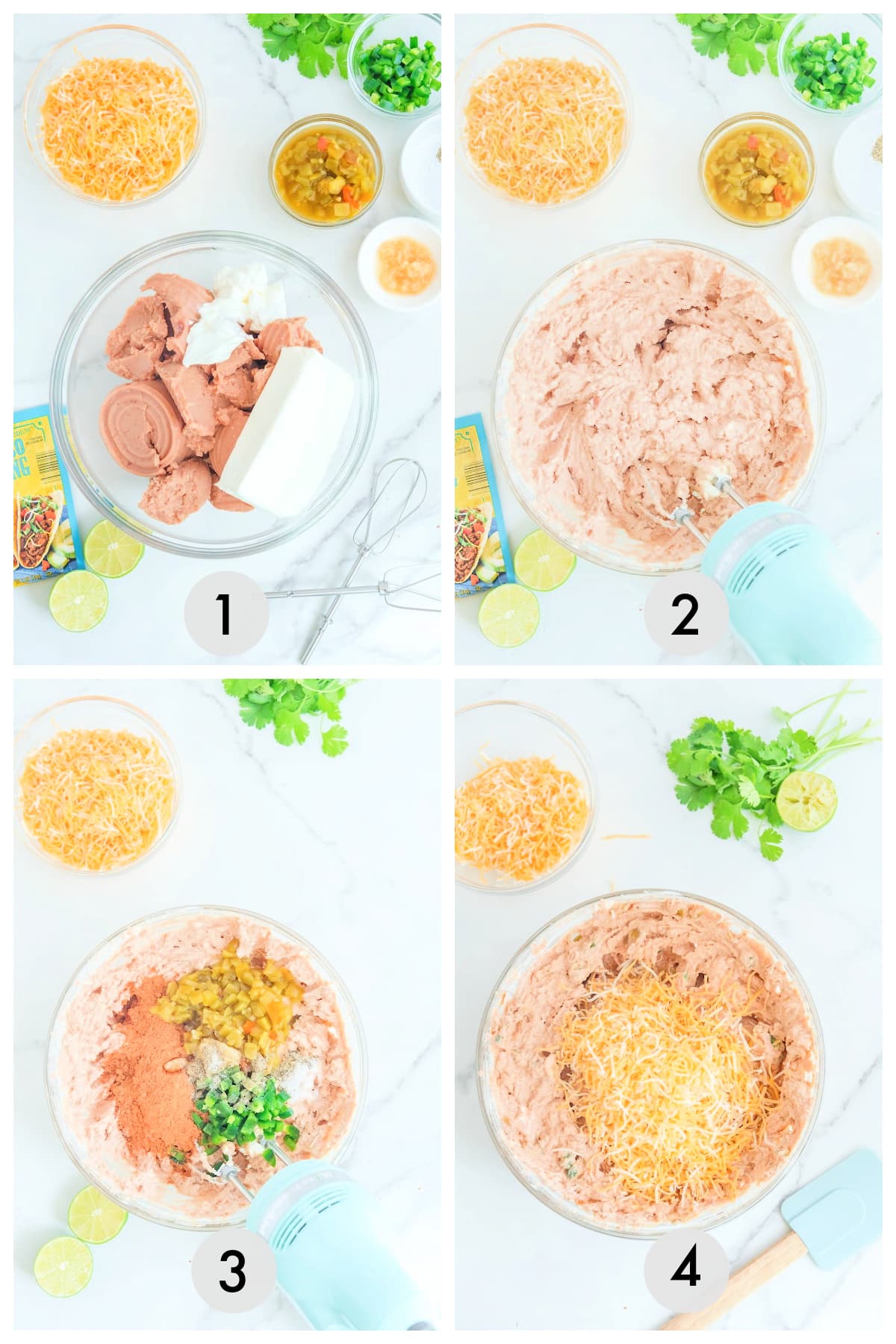 Four-step process of making Mexican bean dip. Steps: 1) Ingredients in a bowl, 2) Mixed with a hand mixer, 3) Add seasoning, salsa, cheese, 4) Final mix topped with cheese and cilantro.