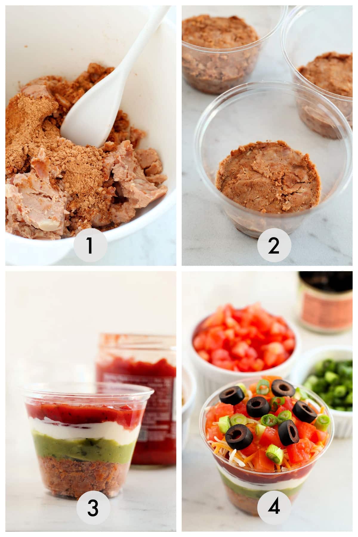 Step-by-step process of making layered dip: mixing ingredients, layering in cups, adding toppings, and final presentation with olives and tomatoes.