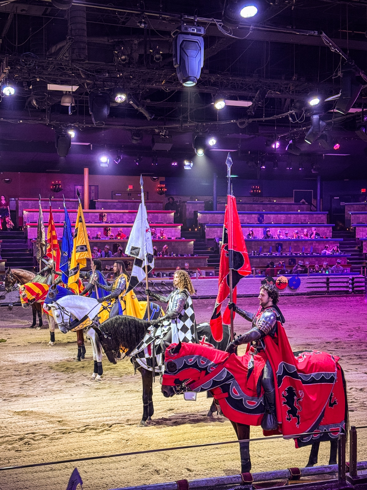 Knights in colorful armor on horses hold flags in an indoor arena with tiered seating and stage lighting, suggesting a medieval-themed performance.