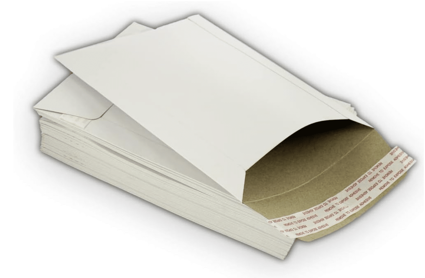 A stack of white cardboard envelopes with adhesive strips, one opened to show the inside and peel-off seal.