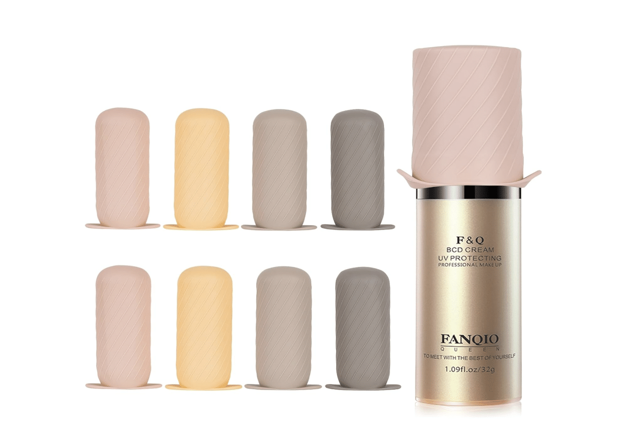 A bottle of F&Q BCD cream with UV protection is displayed next to ten oval-shaped, textured color samples in shades of beige and gray.