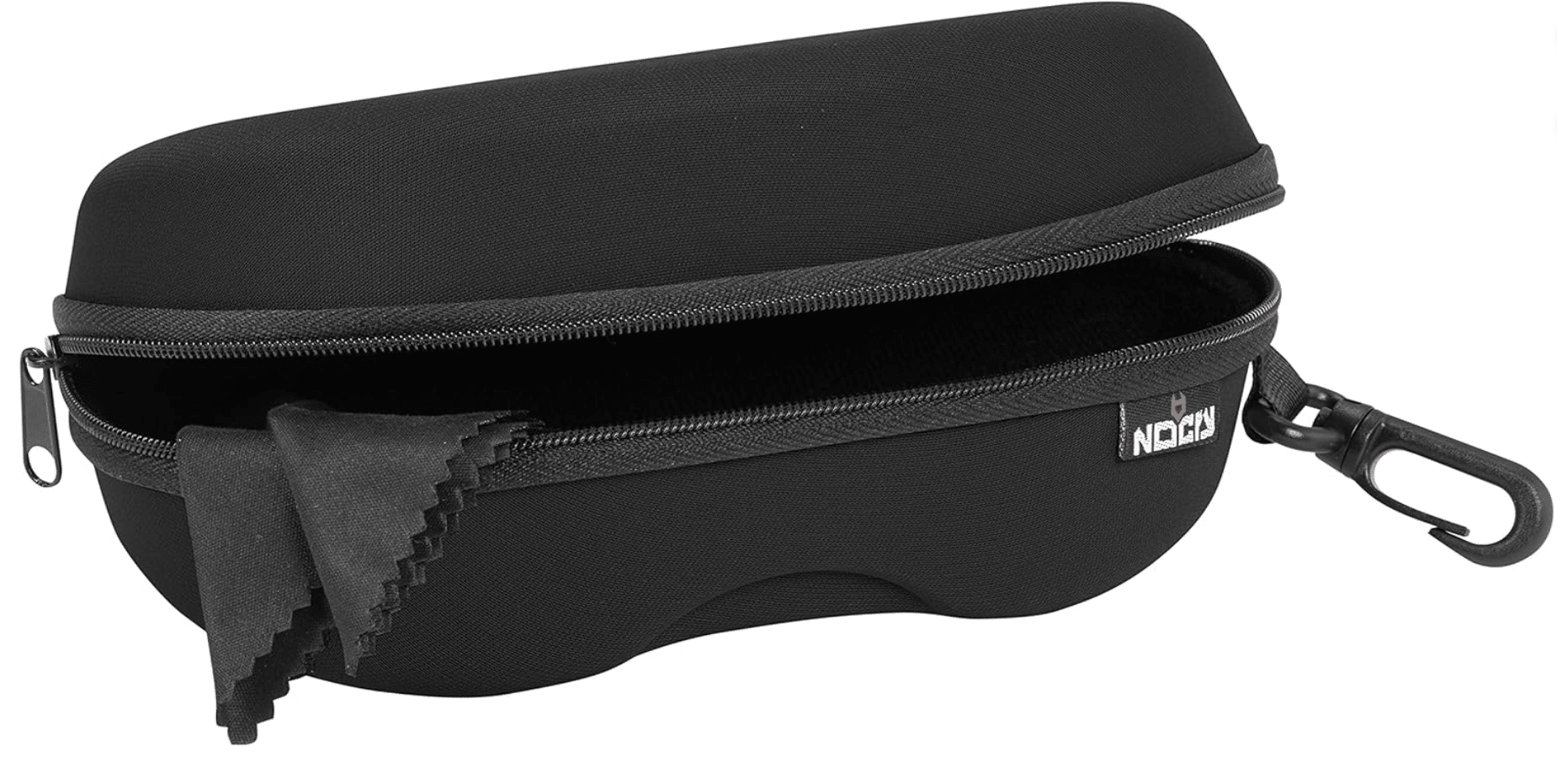 A black hard-shell eyeglass case with a zipper, partly open, showing a cleaning cloth inside and a plastic clip attached to the side.
