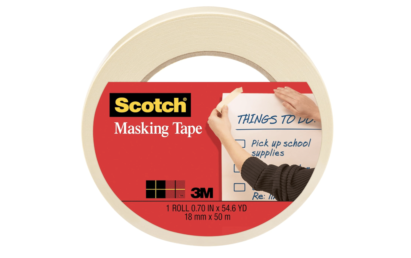 A roll of Scotch masking tape with a label showing a hand using the tape to attach a "Things to do" list to a wall.