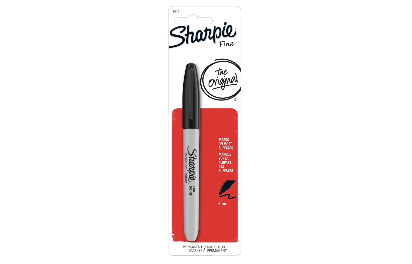 A Sharpie Fine permanent marker in its packaging with a black cap and red background, labeled for marking on most surfaces.
