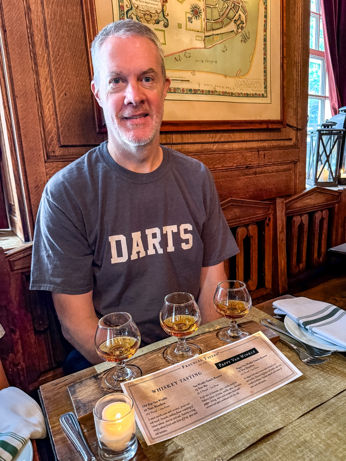 A man sitting at a table with glasses of alcohol.