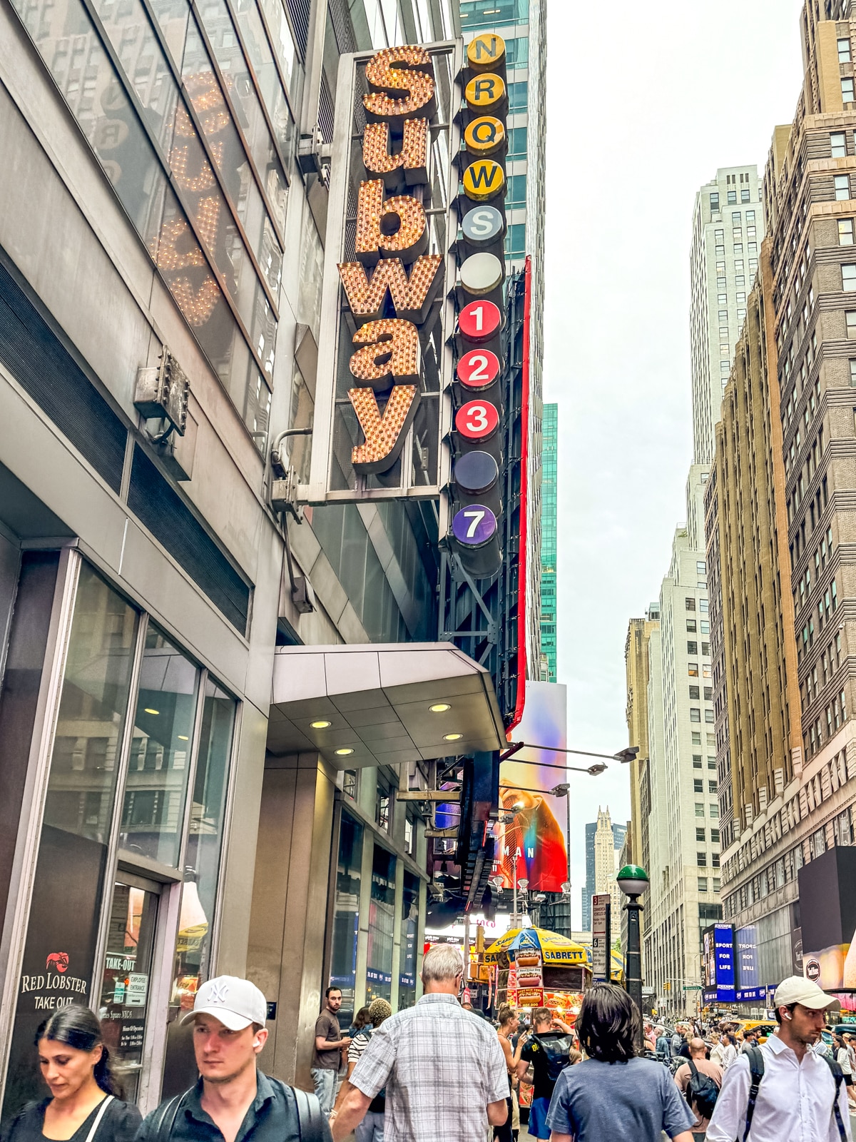 Street view in New York City showing a busy sidewalk, tall buildings, and a subway entrance sign with route numbers N, Q, R, W, S, 1, 2, 3, and 7.