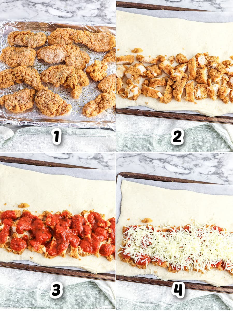 Four-panel image showing steps to make a Chicken Parm Stromboli: baked chicken pieces, chopped chicken, topped with tomato sauce, then covered with shredded cheese on dough.