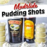 Small clear cups filled with creamy mudslide pudding, each topped with whipped cream and chocolate shavings, shown with bottles of Baileys and Kahlua in the background.