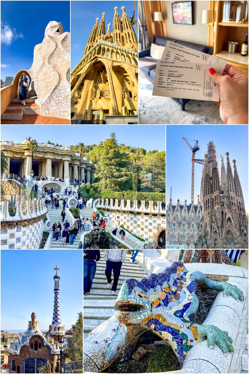 Collage of Barcelona landmarks, including Sagrada Familia, Park G&uuml;ell, Casa Batll&oacute;, a hotel room key, and colorful mosaic lizard sculptures under a blue sky.