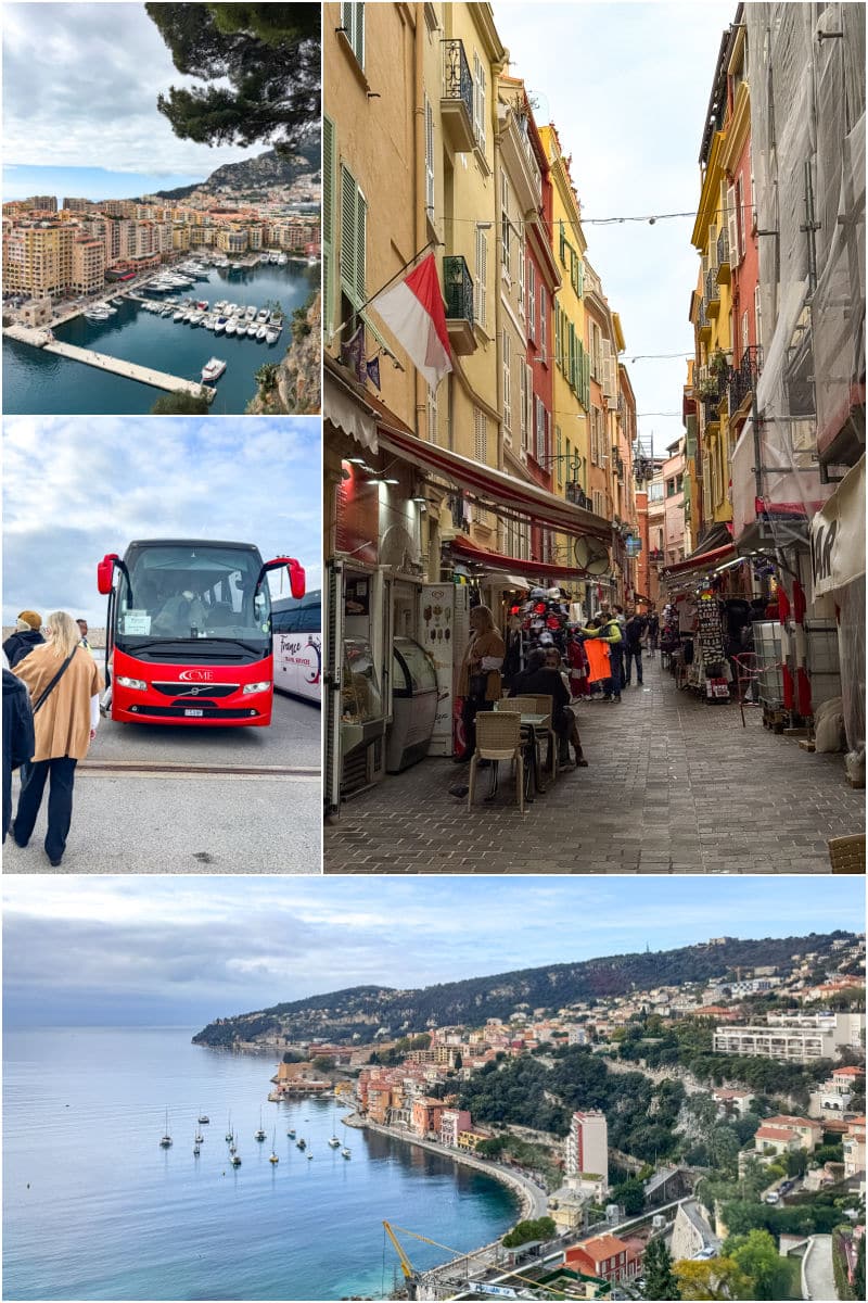 A collage showing a marina, a narrow street with colorful buildings, a red tour bus, people walking, and a coastal town with anchored boats.