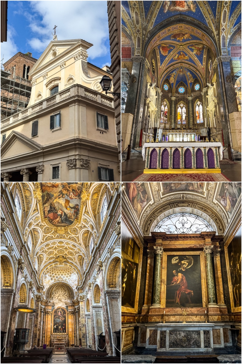 A collage of four images showing the exterior and ornate interiors of a historic church, including altars, vaulted ceilings, and religious artwork.
