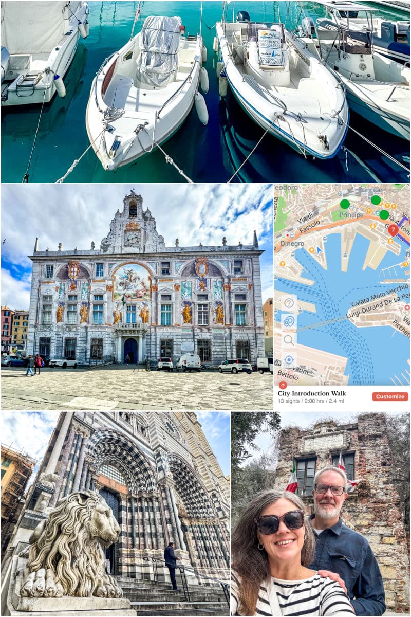 A collage featuring boats in a marina, a historic building with murals, a map, a cathedral entrance with a lion statue, two people smiling, and an old stone structure.