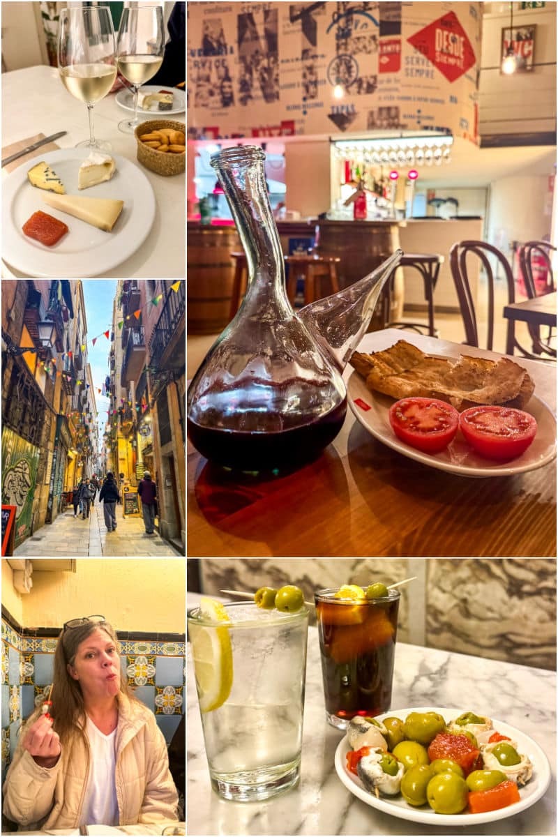 Collage showing glasses of wine and cheese, decanter with bread and tomatoes, street scene, woman eating, and a table with olives and drinks in a restaurant setting.