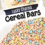 A close-up of Lucky Charms cereal bars topped with colorful marshmallows, with text reading "Lucky Charms Cereal Bars" and "Just is a Four Letter Word.